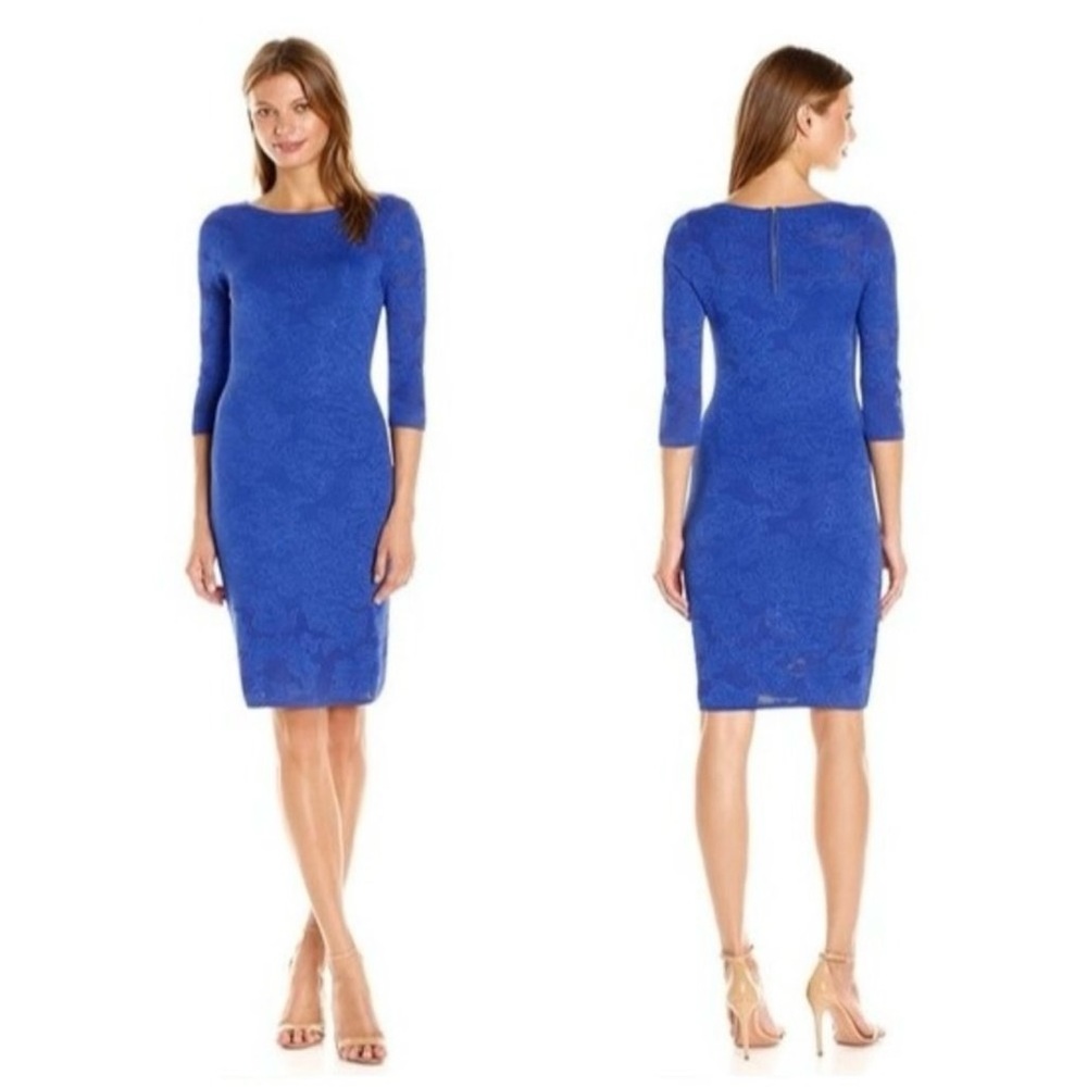 Calvin Klein Blue Lace Bodycon Dress Illusion Floral Intarsia Knit 3/4 Sleeve L